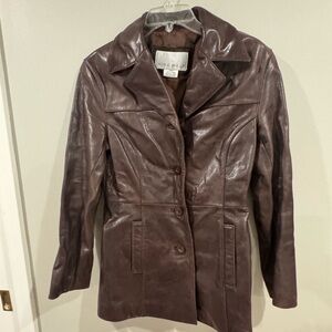 Nine West Brown Leather Jacket Coat Women’s Size Small 3 Button Front, Pockets